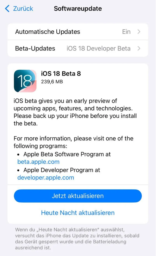 三原苹果手机维修分享苹果 iOS / iPadOS 18 开发者预览版 Beta 8 发布 